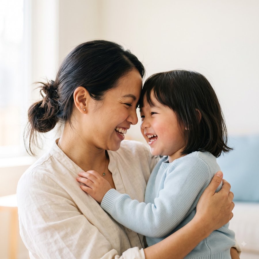 Mẹ và con gái cười hạnh phúc bên nhau